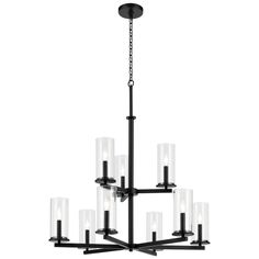 a black chandelier with clear glass tubes hanging from it's center point