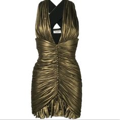 Nwt Size 34 (I Wear An Xs/0 And This Fit Perfectly) Ss19 Gold-Tone Strappy Dress From Saint Laurent. Made Of Silk. Fastened With Zip. Enriched By Draping, Decorative Buttons And Ruffle Trims. Gold Mini Dress Farfetch, Gold Dress Farfetch, Yves Saint Laurent Couture Dresses, Saint Laurent Sequin Dress, Draped Silk Dress, Saint Laurent Dress, Short Casual Dress, Designer Cocktail Dress, Gathered Dress