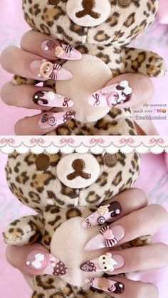 nails , cute , saniro, pink, leapord primt , repost #nails Cute Gyaru, Nails Cute, Pink And Brown, A Silent Voice