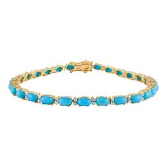 This is part of Chairish’s Fine Jewelry assortment.  This Turquoise Diamond Tennis Bracelet in 18K gold showcases 28 endlessly sparkling natural turquoise, weighing 7.46 carat and 56 pieces of diamonds weighing 0.284 carat. It measures 7 inches long in length.  Turquoise enhances communication and expression.  Designed with perfect oval cut turquoise with two diamonds after each turquoise to make you stand out on any occasion or event. The elegant style complements the attire beautifully and is a perfect engagement gift for anyone on your list.         PRODUCT DETAILS :-  Material - 18K Solid Yellow Gold Gemstone - Turquoise Stone Weight - 7.46 ct Stone Shape - Oval  Stone Pcs - 28 Stone Size - 3.5 x 4 mm Diamond weight - 0.284 ct Diamond pcs - 56  Diamond size - 1.5 mm Gross Weight - 9.58 Perfect Engagement Gifts, Diamond Tennis Bracelet, Tennis Bracelet Diamond, Oval Stone, Bracelet Crafts, Natural Turquoise, Diamond Sizes, Tennis Bracelet, Solid Yellow