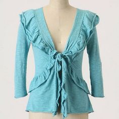 Anthropologie Windy Dunes Moth Cardigan. 100% Slub Cotton Knit In A Aqua Blue. Cropped 3/4 Sleeves, Ruffled Neckline. Hook Closure At Center Of Bodice With Tie Front As Well. Ruffled Along Waist. Never Worn J Summer Cotton Cardigan With 3/4 Sleeves, Blue Casual Cardigan With 3/4 Sleeves, Cardigan Sweater Jacket, Summer Clothing, Cotton Knit, Clothing For Women, Aqua Blue, Sweater Jacket, Jacket Tops