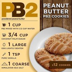 two peanut butter cookies on a white plate next to a wooden background with information about the ingredients