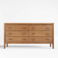 a wooden dresser with six drawers on one side and two legs, in front of a white background