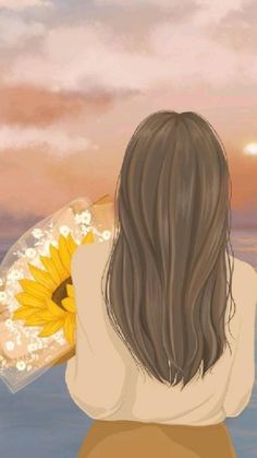 the back of a woman's head with long hair and sunflower in her hand