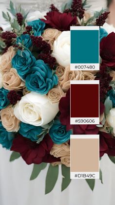 a bridal bouquet with red, white and blue flowers in the color palettes