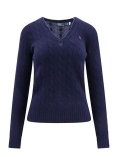 Wool and cashmere sweater with embroidered logo- V-neckline- Long Sleeve- Braided Fabric- Ribbed Profiles- 80% Wool 20% Cashmere Ralph Lauren Womens Clothing, Polo Ralph Lauren Sweater, Polo Ralph Lauren Women, Navy Blue Sweater, Cashmere Blend Sweater, Ralph Lauren Sweater, Sweaters Knitwear, Ralph Lauren Polo, Cashmere Sweater