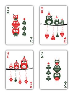 four playing cards with owls on them