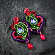 colorful openwork earrings, three-color earrings, soutache earrings, long earrings with crystals, oriental earrings, statements earrings Earrings With Crystals, Soutache Earrings, Earrings Long, Three Color, Long Earrings, Chandelier Earrings, Statement Earrings, Poland, Etsy Earrings