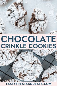 chocolate crinkle cookies on a cooling rack with powdered sugar in the middle