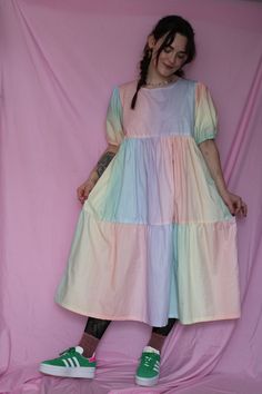 Faye Dress - Pastel Rainbow Cotton Ruffled Tiered Skirt Dress, Fitted Smock Dress With Tiered Skirt, Multicolor Ruffled Midi Dress, Spring Bubble Dress With Ruffles, Puff Sleeve Cotton Maxi Dress With Ruffles, Smock Tiered Sundress, Spring Midi Dress With Tiered Skirt And Gathered Sleeves, Cotton Maxi Dress With Ruffles And Puff Sleeves, Tiered Smock Sundress