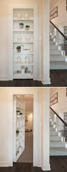 two pictures of the inside of a house with stairs and open shelving units on each side