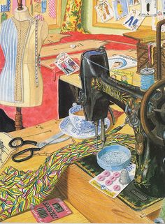 a painting of a sewing machine on a table