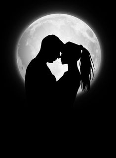 the silhouette of a couple kissing in front of a full moon with their face close to each other