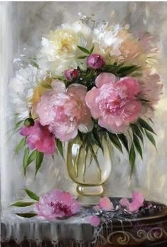 a painting of pink and white flowers in a vase