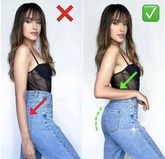 a woman in high waist jeans has an arrow pointing to the bottom of her body