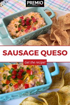 the recipe for sausage quesadilla is shown with tortilla chips and guacamole