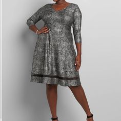 3/4 Sleeve Textured Fit And Flare Dress With Mesh Hem Elegant Silver Dresses For Fall, Black Eyelet Dress, Striped Bodycon Dress, Sweater Maxi Dress, Lane Bryant Dresses, Soft Dress, Flowy Maxi Dress, Floral Print Midi Dress, Professional Attire