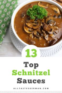 Schnitzel sauce in a white bowl on a white plate. Rahm Schnitzel Recipe, Spetzel Recipe, Chicken Snitzel Recipe, Authentic German Schnitzel Recipe, Pork Snitzel, Beef Schnitzel, Pork Schnitzel Recipe, German Schnitzel