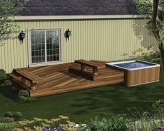 a hot tub sitting on top of a wooden deck next to a tree and grass covered yard