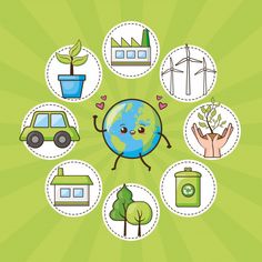 the earth is surrounded by different things that are depicted in this graphic style, including trees, plants, and cars