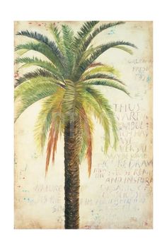 a painting of a palm tree with writing on it