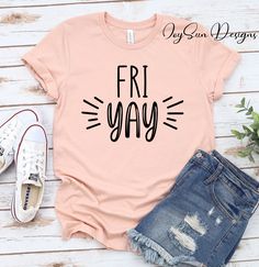 "Friyay Shirt, Fri-Yay Shirt, Friyay T-Shirt, Teacher Shirt, Funny Teacher Shirt, Mom Shirt, Teacher Gift, Funny shirt HOW TO ORDER 1. Select the shirt \"Style and Size\" 2.Select the shirt Color 3. Enter what would you like to say on your t shirt and LETTERING color 4.Select the quantity. 5. Click Add to cart. If you have any difficulties, send us a message. Processing Time and Shipping The standard processing time is 1-3 business days. We usually proses and ship out the orders the next busines Cute Teacher Shirts Vinyl, Teacher Shirts Designs Funny, Everyday Tops With Funny Text, Funny Teacher Tshirts, Teacher Shirt Ideas, Tgif Teacher Shirt, Teacher Tshirt Ideas, Teacher T Shirts, Cute Teacher Shirts