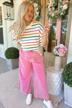 Rachel Washed Terry Knit Wide Leg Pant Bottom Be seen in this Barbie-approved look: the Rachel Washed Terry Knit Wide Leg Pants! These comfy-chic bottoms feature an elastic waist and drawstring, plus exposed seaming for an extra-fab flair. So pop 'em on and strut your stuff in style! Nobody can resist the hot-pink heat. Product Details: Color: Barbie Pink Wide Leg Pant Elastic Waist and Drawstring Explosed Seaming Material and Care: Material: 100 cotton Origin: Imported Care: Hand Wash Cold Patt Pale Pink Pants Outfit, Pale Pink Pants, Pink Pants Outfit, Knit Wide Leg Pants, The Rachel, Comfy Chic, Short Blonde, Short Blonde Hair, Wide Leg Pant