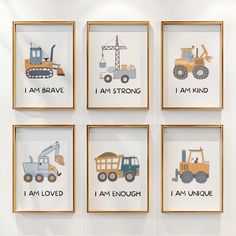 four framed pictures with different types of construction vehicles and words on them in gold frames