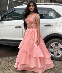 Layered Silk beautiful Gown with embroidered yoke. Layer Frocks For Women, Kurti Models, Wedding Choli, Frocks For Women, Peach Gown, Gown Party Wear, Jannat Zubair, Bollywood Dress, Lehnga Dress