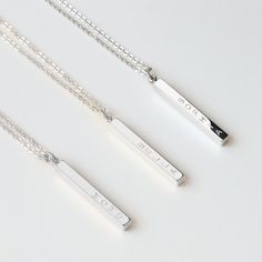 Being effortlessly chic and versatile, our vertical bar necklace is one of the most coveted pieces. Wear it alone, or layer it with our other necklaces to add a bit of glamour to your everyday outfit. I T E M ∙ S P E C I F I C A T I O N S • Charm: approx. 1 inch (26mm) P R O D U C T ∙ M A T E R I A L • .925 Sterling Silver T U R N ∙ A R O U N D ∙ T I M E All items are custom made to order. Our turn around time is 1 business day. S H I P P I N G • Domestic (U.S.): 3 - 5 business days • Internatio Impress Art, Unsent Project, Look Working Girl, Billy B, Sterling Silver Bar Necklace, Bar Necklaces, Engraved Bar Necklace, Vertical Bar Necklace, Necklace Mom