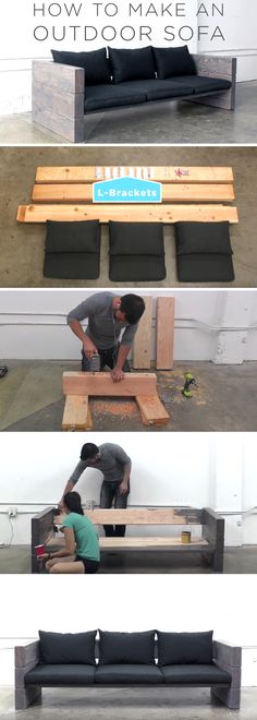 three different pictures showing how to make an outdoor sofa