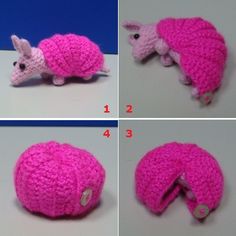 four pictures showing how to crochet a pink toy