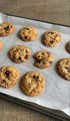 twelve chocolate chip cookies sitting on top of a baking sheet lined with parchment paper, ready to be baked