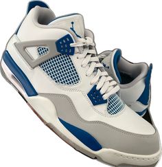 Sporty White Air Jordan 4 With Abzorb Midsole, Blue Leather Training Sneakers, Blue Leather Air Jordan 4 For Sports, Blue Leather Air Jordan 4 Sports Shoes, Nike Air Jordan 4 For Sports With Branded Insole, Nike Air Jordan 4 Sports Shoes, Blue Air Jordan 4 Sporty Shoes For Sports, Blue Low-top Air Jordan 4 For Sports, Blue Air Jordan 4 Sports Shoes With Branded Insole