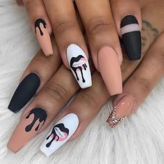 Acrylic Nails Natural, Black And White Nail, Solid Color Nails, Black Acrylic Nails, Airbrush Nails, Unicorn Nails, White Nail