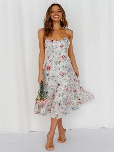 Summer Floral Midi Dress For Brunch, Summer Rose Print Midi Floral Dress, Rose Print Midi Dress For Brunch, Summer Midi Floral Dress With Rose Print, Knee-length Floral Print Midi Dress For Garden Party, Feminine Sleeveless Midi Dress With Rose Print, Printed Midi Sundress For Garden Party, Printed Knee-length Midi Dress For Garden Party, Feminine Mid-length Floral Dress