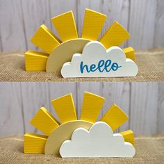 two pictures of the same yellow and white sun with hello written on it's sides