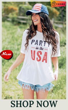 White Party In The Usa Crew Neck Short Sleeve T Shirt Festival Crew Neck Top With Graphic Print, Graphic Print Crew Neck Top For Festival, Festival Graphic Print Crew Neck Top, Casual Summer Party Shirt, Casual Crew Neck Tops For Festival, Festival Short Sleeve Shirt With Letter Print, Festival Short Sleeve Tops With Graphic Print, Short Sleeve Letter Print Festival Shirt, Graphic Tee With Letter Print For Festivals