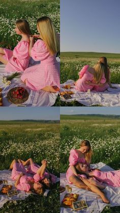 two women in pink robes are sitting on a blanket and having a picnic with food