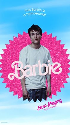 a man standing in front of a blue sky with the words barbieie on it