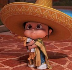 an animated character wearing a sombrero and holding a small item in his hands