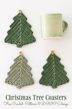 three crocheted christmas trees next to a coffee cup and mug cozying pattern