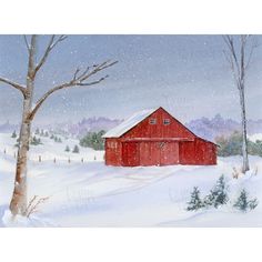 a painting of a red barn in the middle of winter with snow falling on it