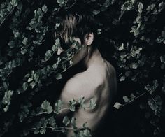 a shirtless man standing in the middle of some leaves and branches with his face obscured by foliage