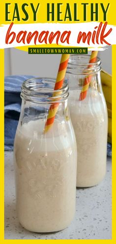 BANANA MILK, Healthy smoothie, healthy breakfast idea Banana Milk Recipe, Korean Banana Milk, Banana Shake Recipe, Healthy Banana Recipes, Banana Shake, Banana Drinks, Light Breakfast, Milk Smoothie, Banana Milk