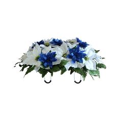 blue and white flowers are hanging from hooks