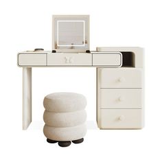 a white desk with drawers and a laptop on it's top, in front of a white background