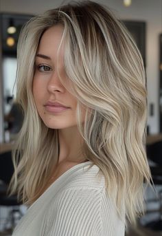 Dementional Blond Hair, Ash Blonde Hair Shadow Root, Collarbone Length Hair With Side Part, Blonde Hair Full Foil, Soft Undercut Medium Hair, Late Summer Blonde Hair, Blonde Bob With Shadow Roots, Medium Length Blonde Hair With Lowlights, Bright Blonde Hair Short