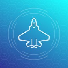 an airplane icon on a blue background with hexagonal shapes in the background and below it