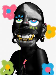 an image of a child with fake teeth and colorful paint splattered on it's face